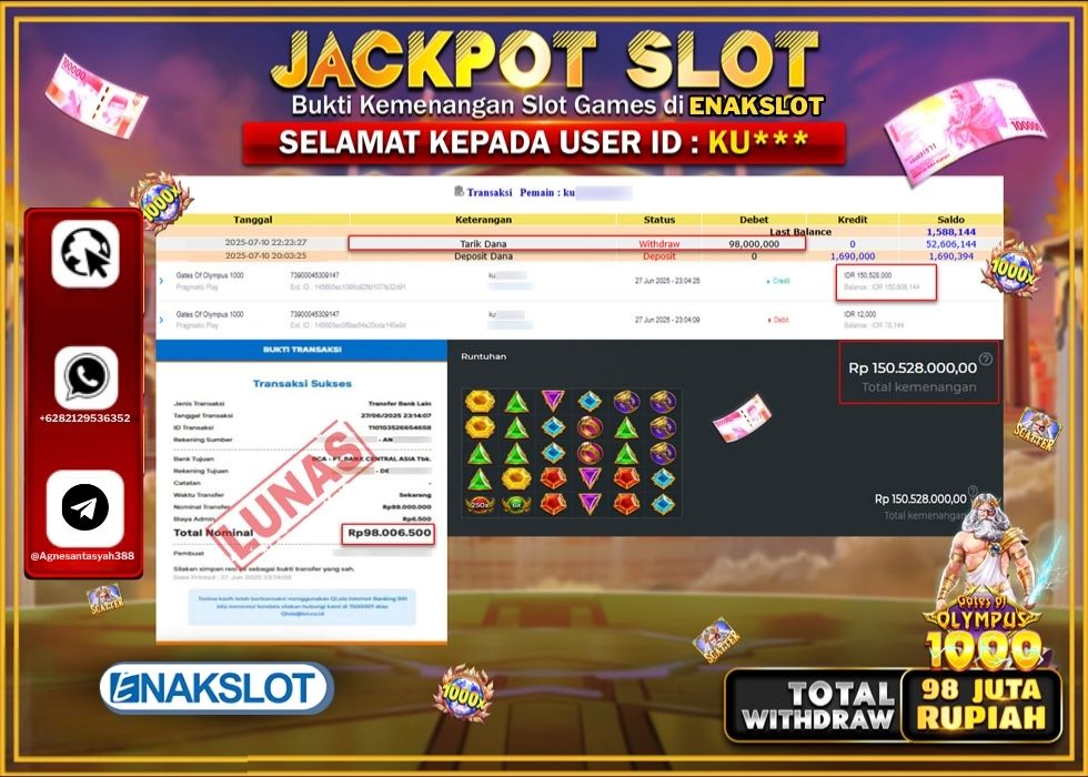 ENAKSLOT JACKPOT SLOT GATES OF OLYMPUSS 1000 Rp.98.000.000.,- LUNAS