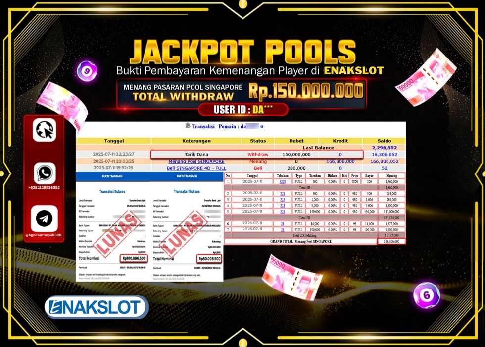 ENAKSLOT JACKPOT TOGEL POOL SINGAPORE Rp.150.000.000.,- LUNAS