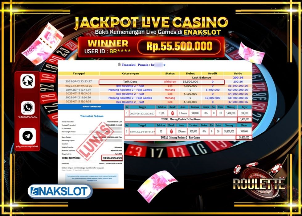 ENAKSLOT JACKPOT LIVE GAMES ROULETTE 2 GAMES Rp.55.500.000.,- LUNAS