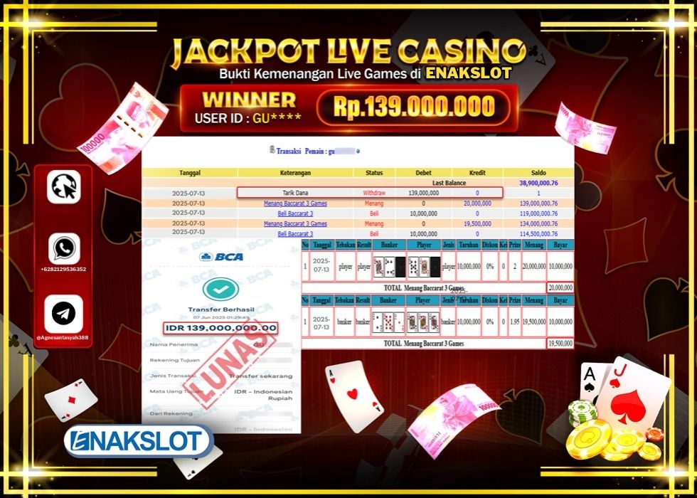 ENAKSLOT JACKPOT LIVE GAMES BACCARAT 3 GAMES Rp.139.000.000.,- LUNAS