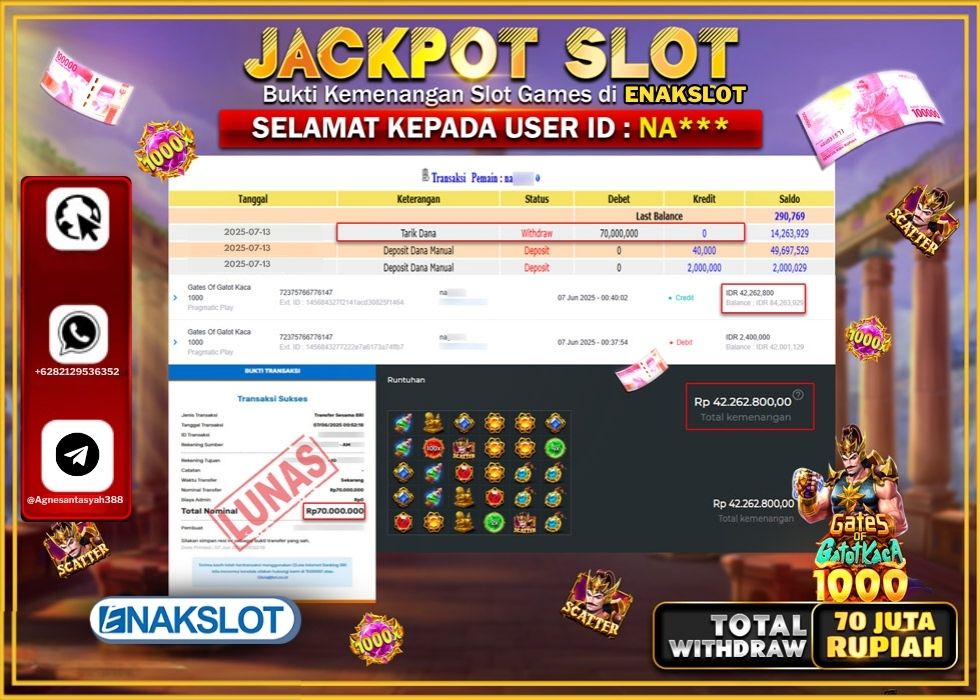 ENAKSLOT JACKPOT SLOT GATES OF GATOT KACA 1000 Rp.70.000.000.,- LUNAS
