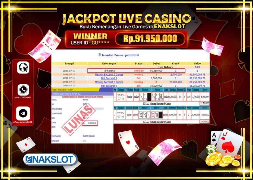 ENAKSLOT JACKPOT LIVE GAMES BACCARAT 3 GAMES Rp.91.950.000.,- LUNAS