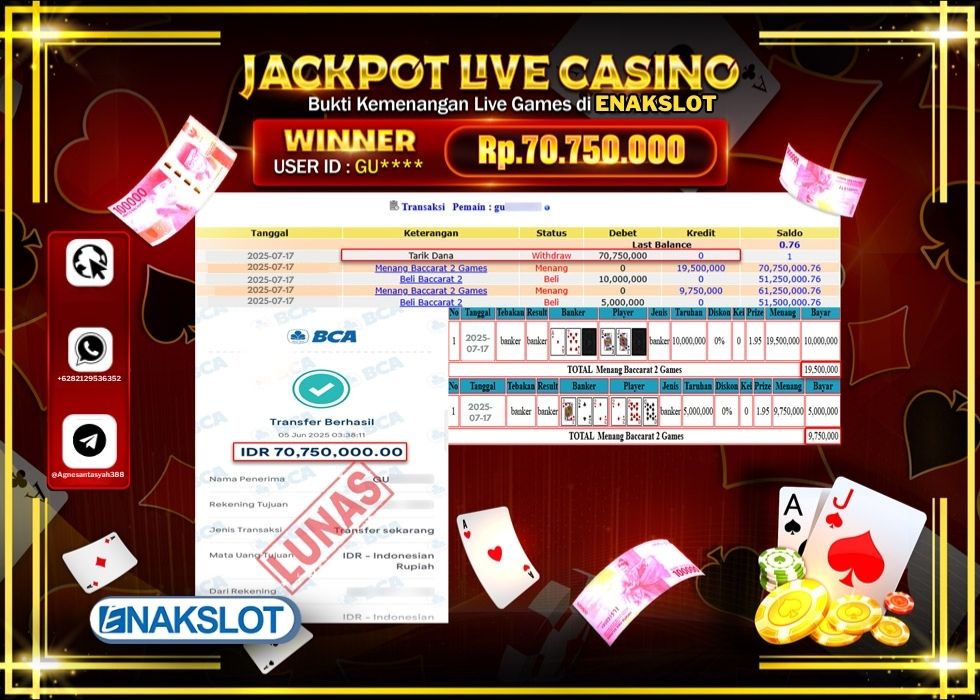 ENAKSLOT JACKPOT LIVE GAMES BACCARAT 2 GAMES Rp.70.750.000.,- LUNAS