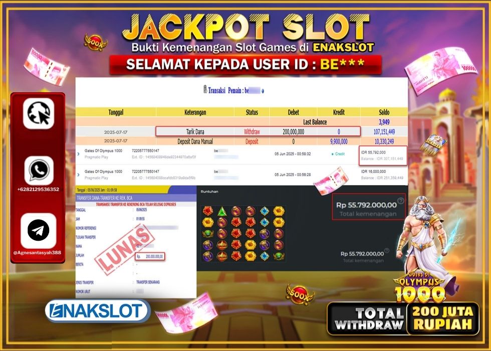 ENAKSLOT JACKPOT SLOT GATES OF OLYMPUS 1000 Rp.200.000.000.,- LUNAS