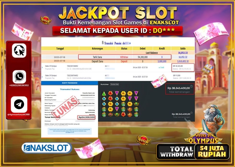 ENAKSLOT JACKPOT SLOT GATES OF OLYMPUS Rp.54.300.000.,- LUNAS