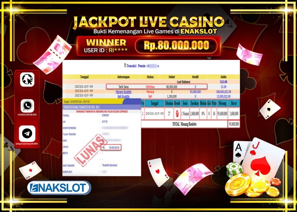 ENAKSLOT JACKPOT LIVE GAMES ROULETTE GAMES Rp.80.000.000.,- LUNAS