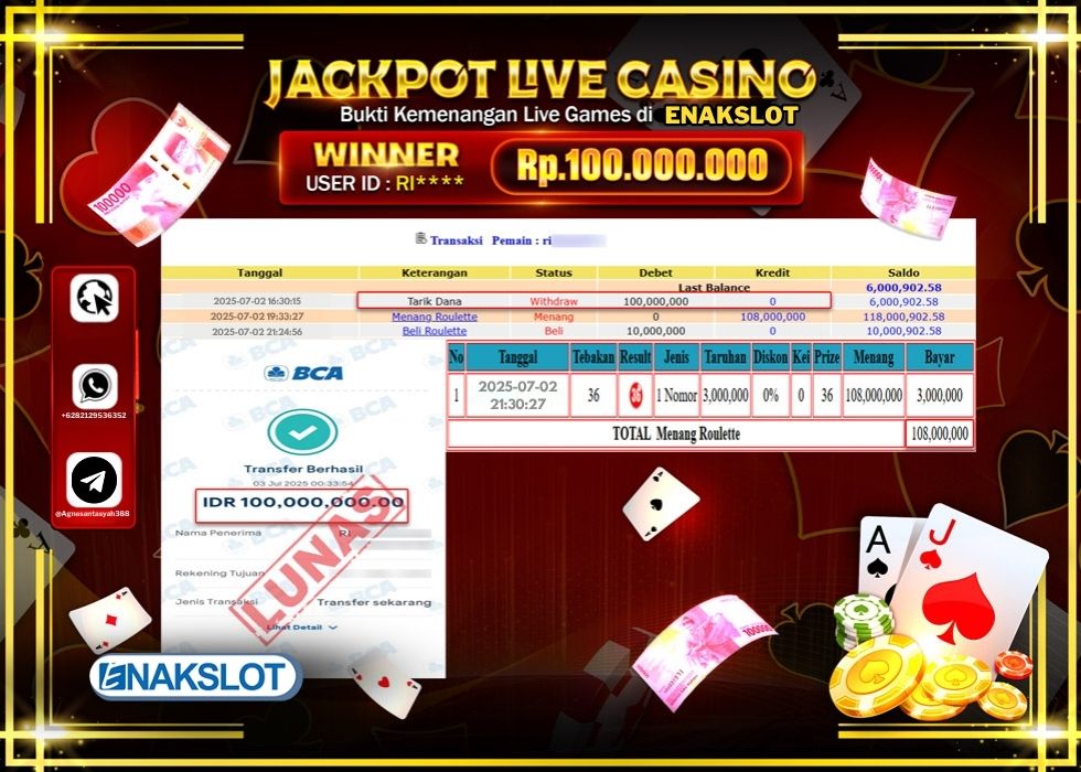 ENAKSLOT JACKPOT LIVE GAMES ROULETTE Rp.100.000.000.,- LUNAS