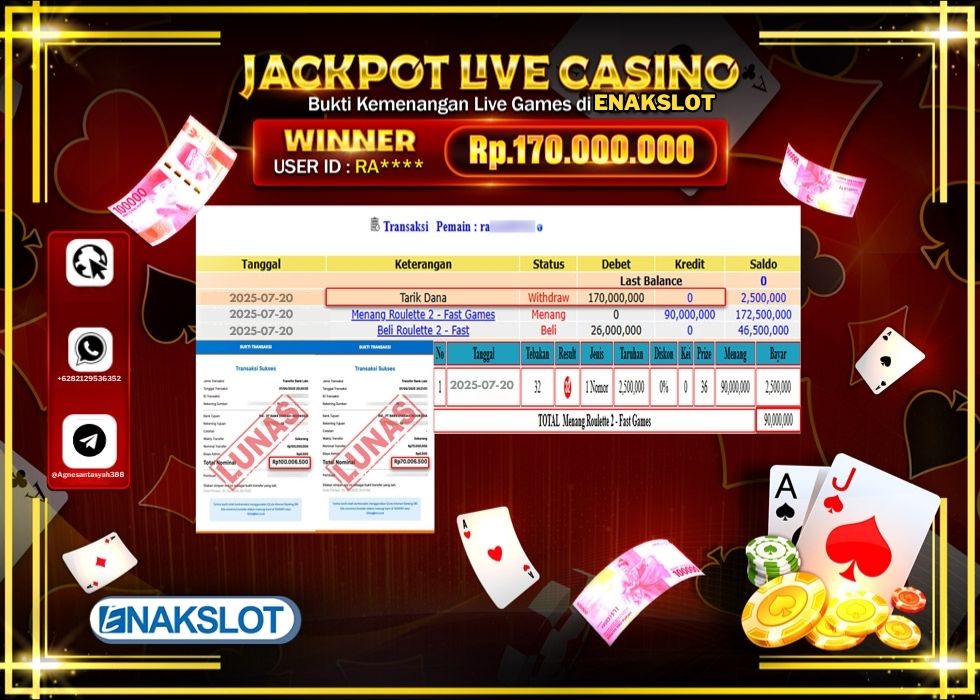 ENAKSLOT JACKPOT LIVE GAMES ROULETTE 2 -FAST GAMES Rp.170.000.000.,- LUNAS