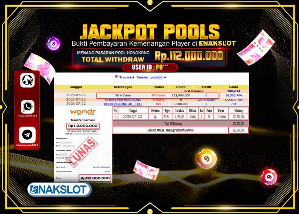 ENAKSLOT JACKPOT TOGEL PASARAN POOL HONGKONG Rp.112.000.000.,- LUNAS