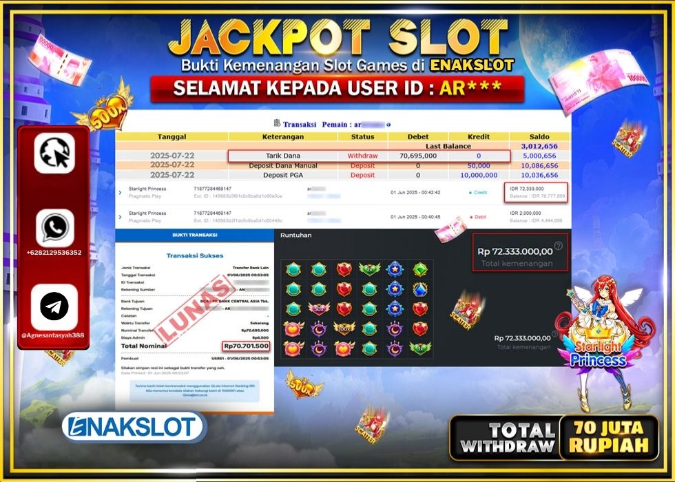 ENAKSLOT JACKPOT SLOT STARLIGHT PRINCESS Rp.70.695.000.,- LUNAS