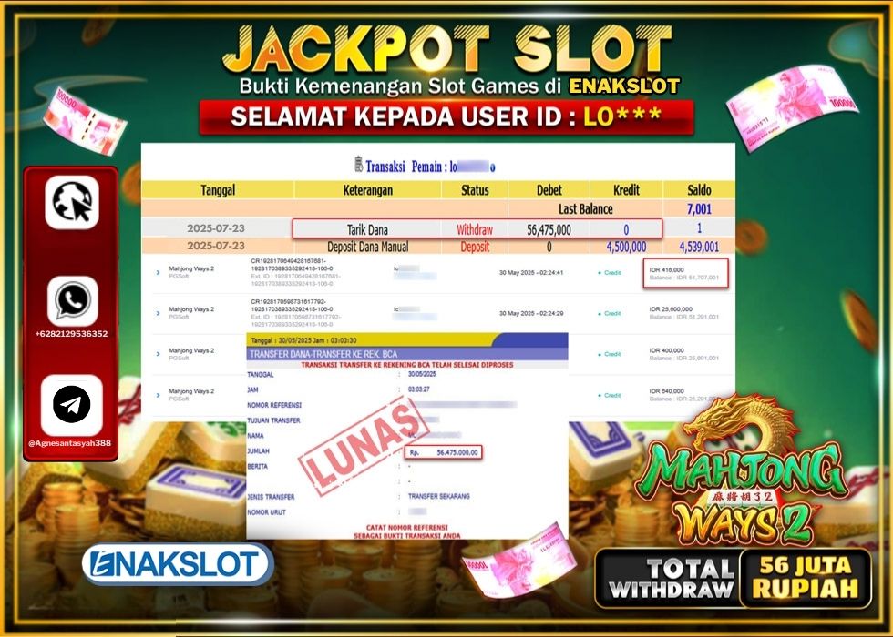 ENAKSLOT JACKPOT SLOT MAHJONG WAYS 2 Rp.56.475.000.,- LUNAS
