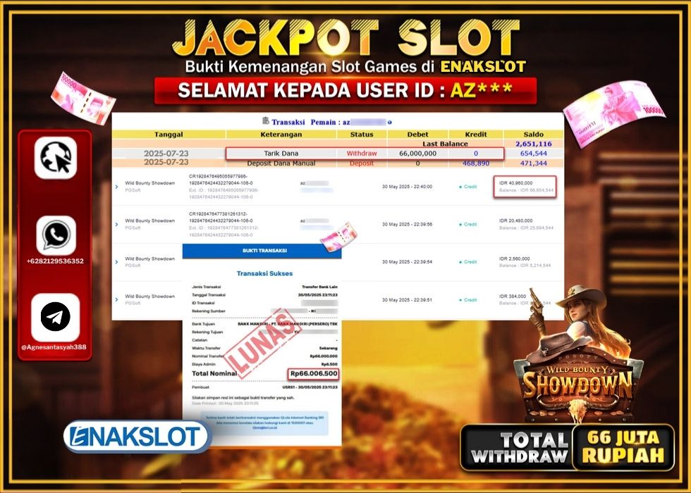 ENAKSLOT JACKPOT SLOT WILD BOUTY SHOWDOWN Rp.66.000.000 .,- LUNAS