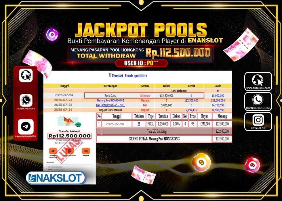 ENAKSLOT JACKPOT TOGEL PASARAN POOL HONGKONG Rp.112.500.000.,- LUNAS