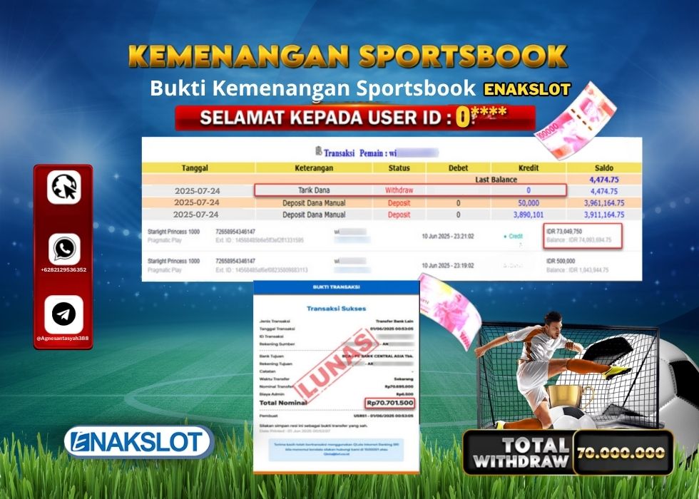 ENAKSLOT KEMENANGAN SPORTSBOOK Rp.70.000.000.,- LUNAS