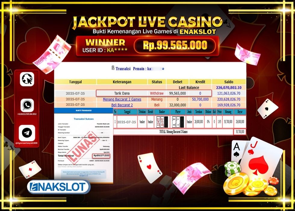 ENAKSLOT JACKPOT LIVE GAMES BACCARAT 2 GAME Rp.99.565.000.,- LUNAS