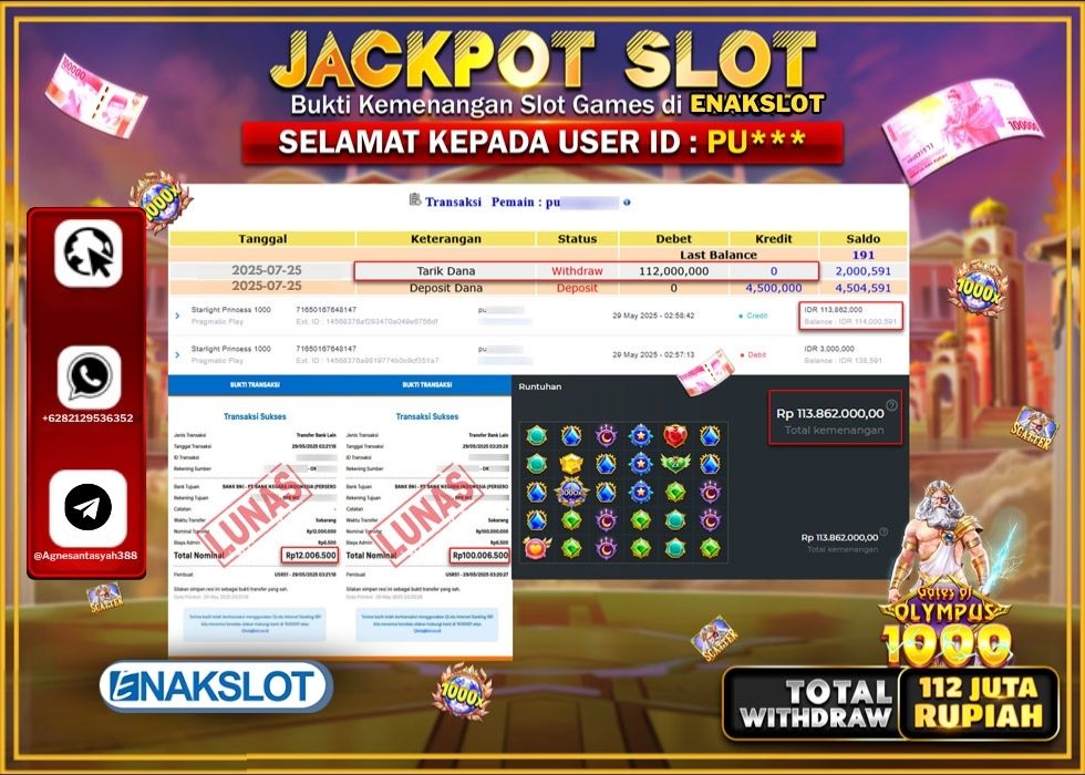 ENAKSLOT JACKPOT SLOT PRAMATIC GATES OF OLYMPUS 1000 Rp.112.000.000.,- LUNAS