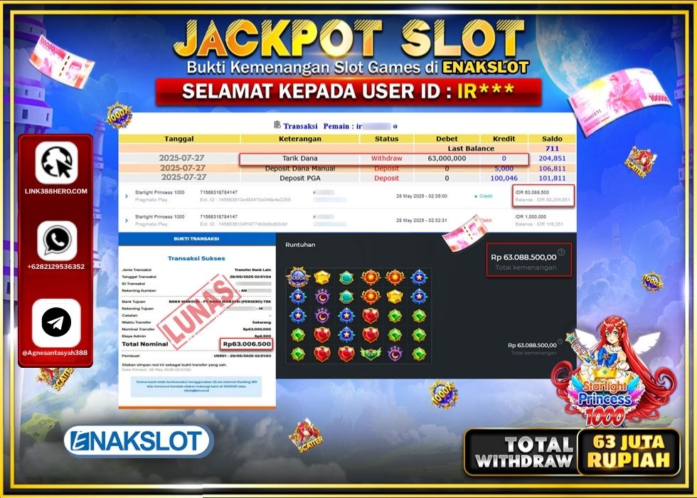 ENAKSLOT JACKPOT SLOT PRAMATIC STARLIGHT PRINCES 1000 Rp.63.000.000.,- LUNAS