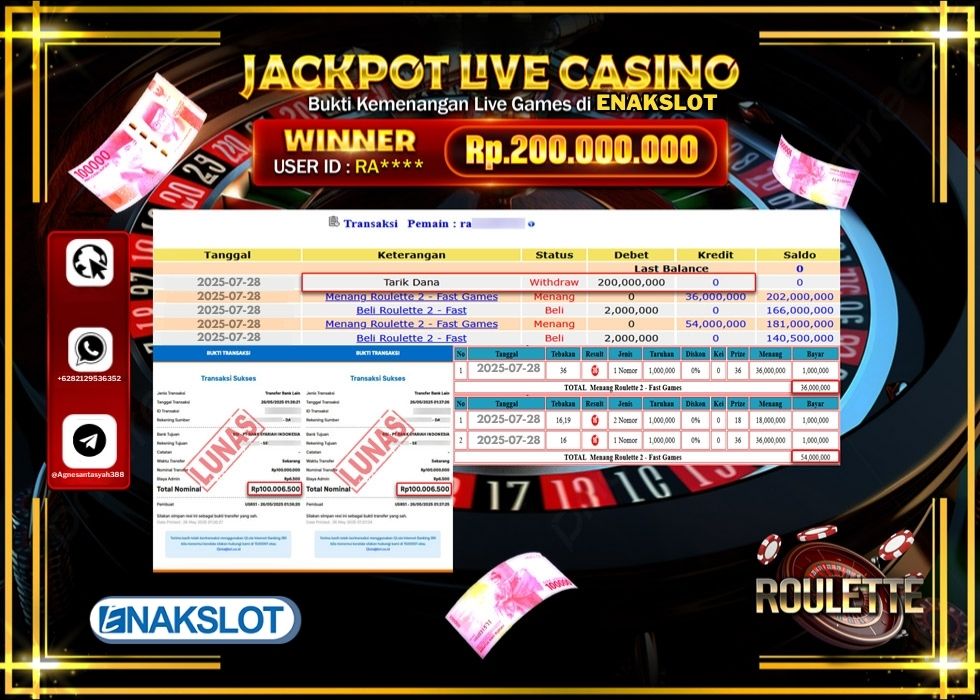 ENAKSLOT JACKPOT LIVE GAMES ROULETTE Rp.200.000.000.,- LUNAS
