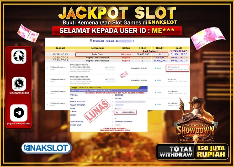 ENAKSLOT JACKPOT SLOT WILD BOUNTY SHOWDOWN Rp.150.000.000.,- LUNAS