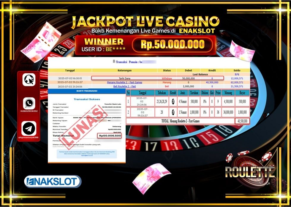 ENAKSLOT JACKPOT LIVE GAMES ROULETE 2 - FAST GAMES Rp.50.000.000.,- LUNAS