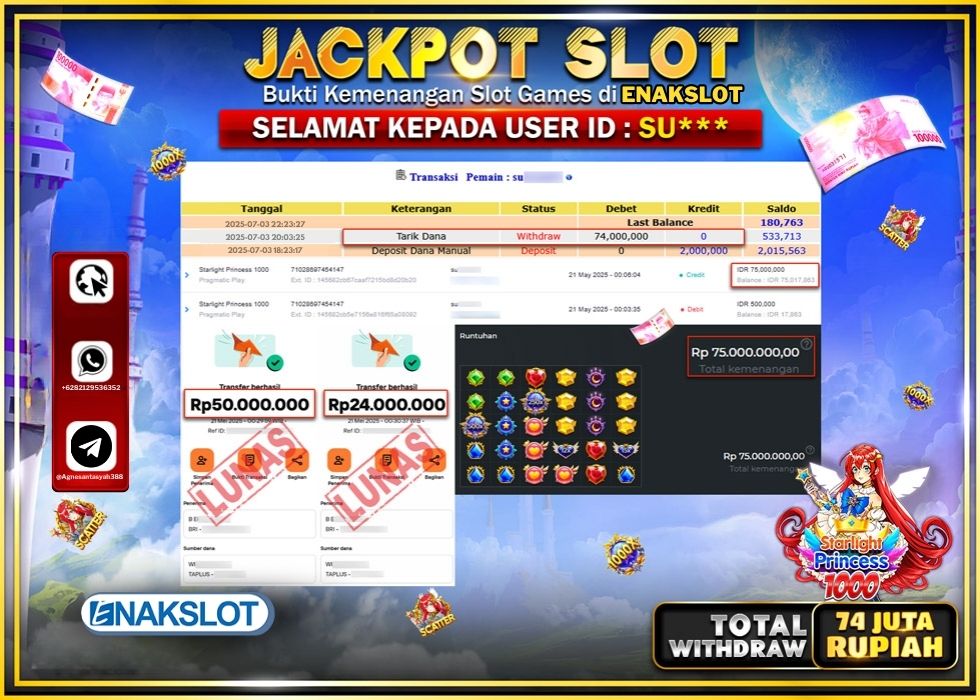 ENAKSLOT JACKPOT SLOT STARLIGHT PRINCESS 1000 Rp.74.000.000.,- LUNAS