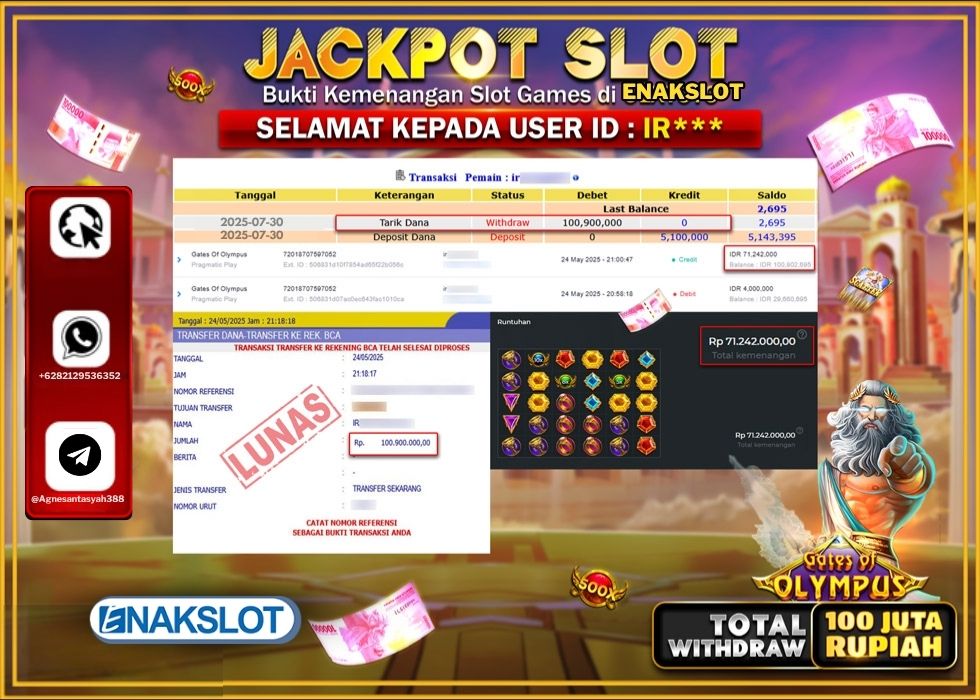 ENAKSLOT JACKPOT SLOT GATES OF OLYMPUS Rp.100.900.000.,- LUNAS