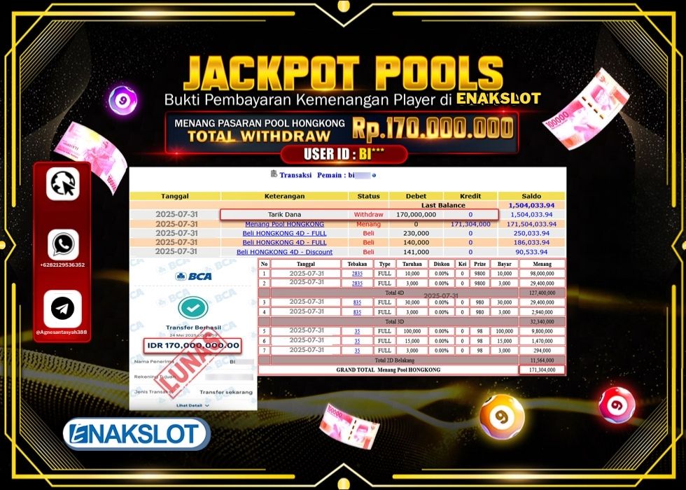 ENAKSLOT JACKPOT TOGEL PASARAN POOL HONGKONG Rp.170.000.000.,- LUNAS