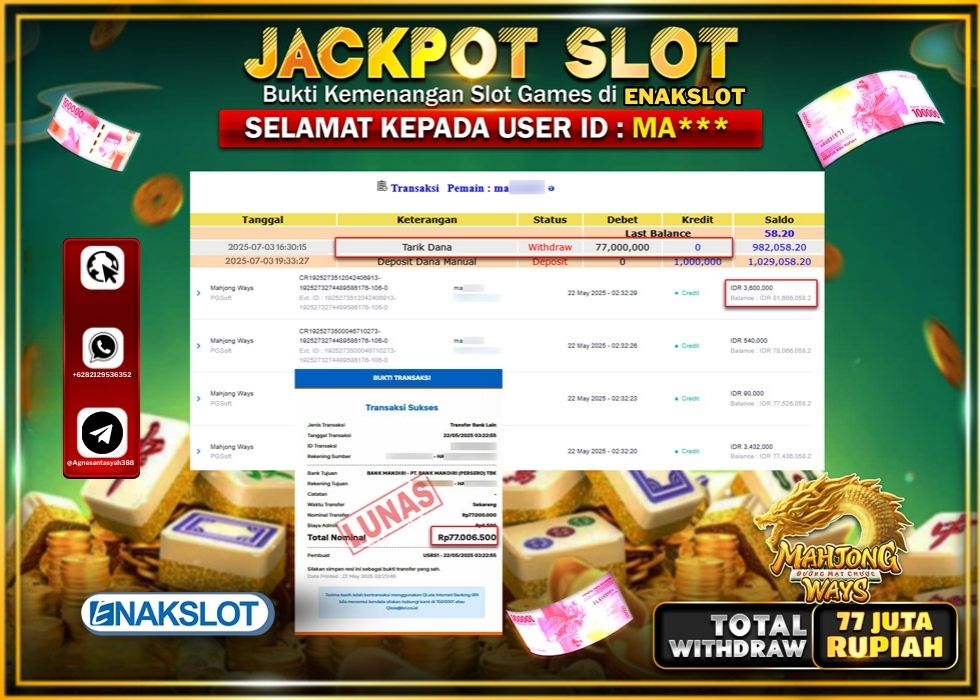 ENAKSLOT JACKPOT SLOT MAHJONG WAYS Rp.77.000.000.,- LUNAS