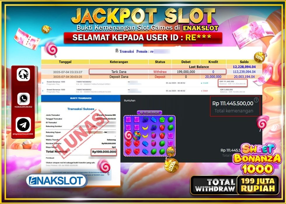 ENAKSLOT JACKPOT SLOT SWEET BONANZA 1000 Rp.199.000.000.,- LUNAS
