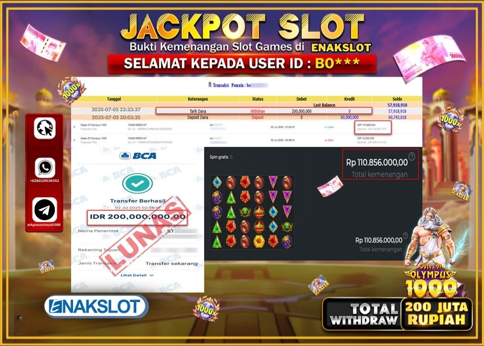 ENAKSLOT JACKPOT SLOT GATES OF OLYMPUSS 1000 Rp.200.000.000.,- LUNAS