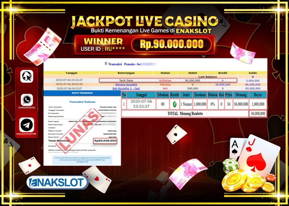 ENAKSLOT JACKPOT LIVE GAMES ROULETTE 2 - FAST GAMES Rp.90.000.000.,- LUNAS