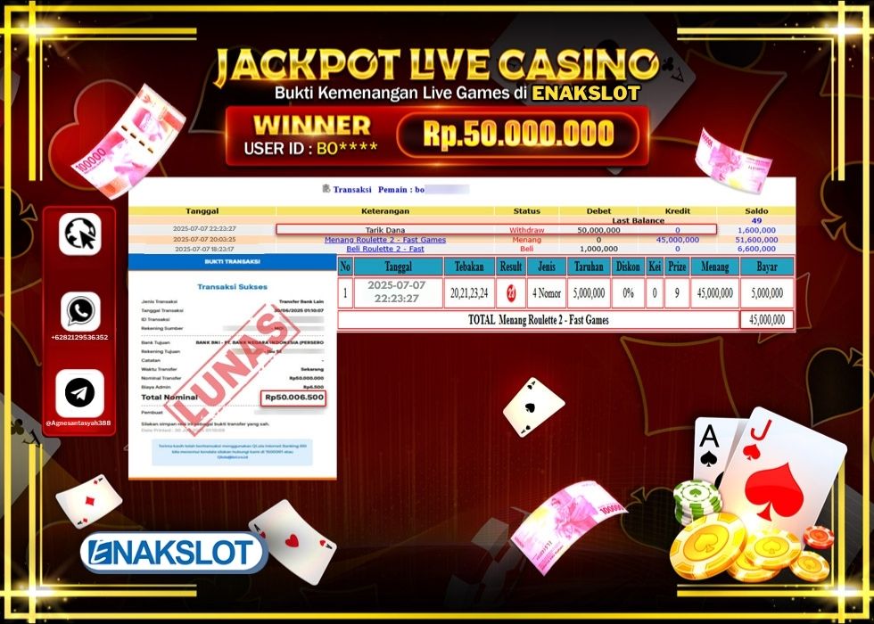 ENAKSLOT JACKPOT LIVE GAMES ROULETTE 2 - FAST GAMES Rp.50.000.000.,- LUNAS