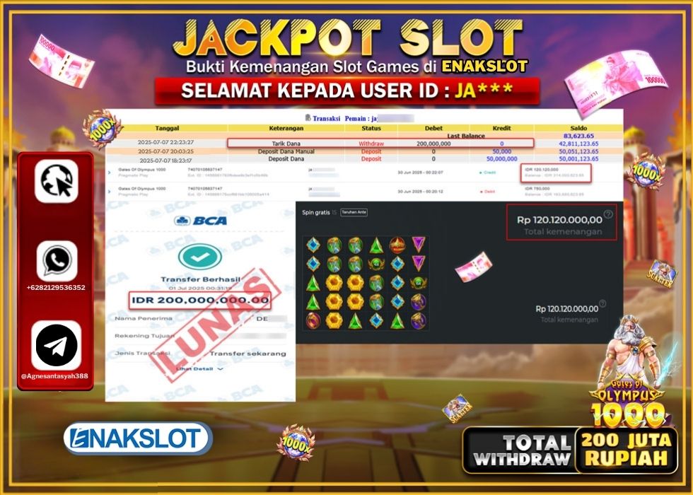 ENAKSLOT JACKPOT SLOT GATES OF OLYMPUSS 1000 Rp.200.000.000.,- LUNAS