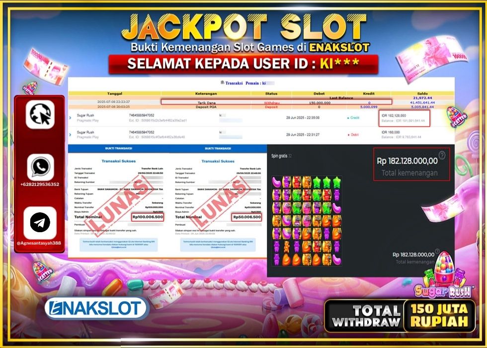 ENAKSLOT JACKPOT SLOT SUGAR RUSH Rp.150.000.000.,- LUNAS