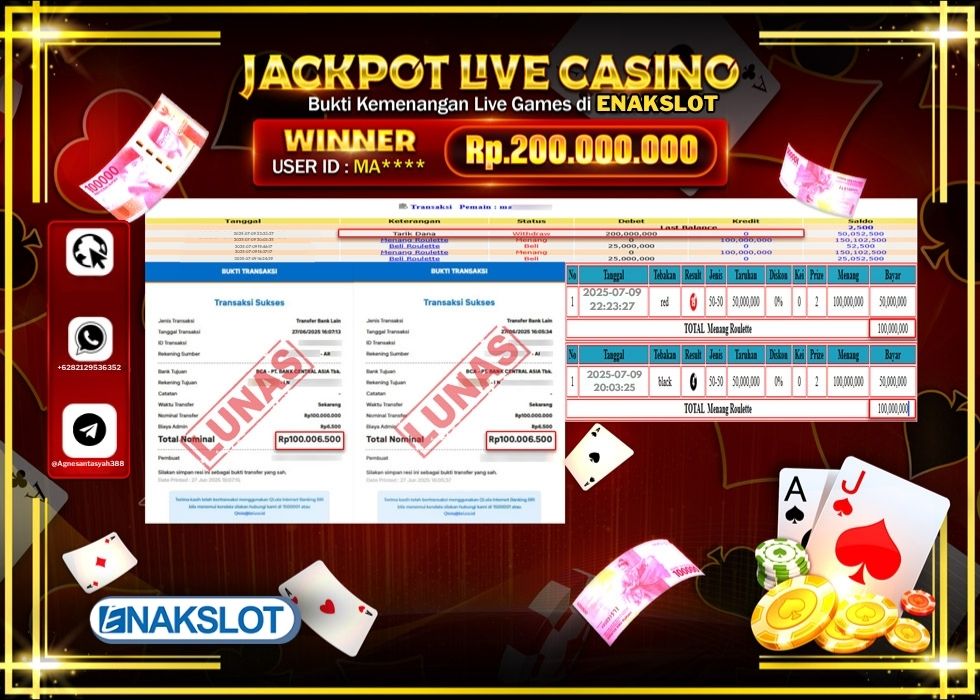 ENAKSLOT JACKPOT LIVE GAMES ROULETTE GAMES Rp.200.000.000.,- LUNAS